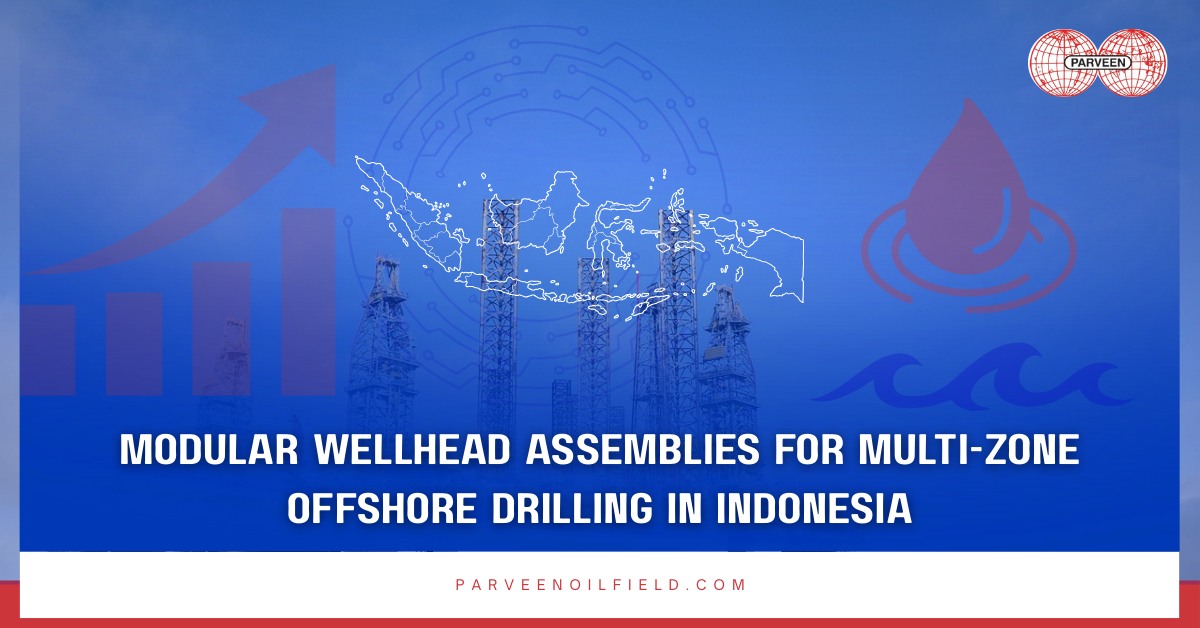 Modular offshore wellhead assembly installed on an Indonesian rig deck.