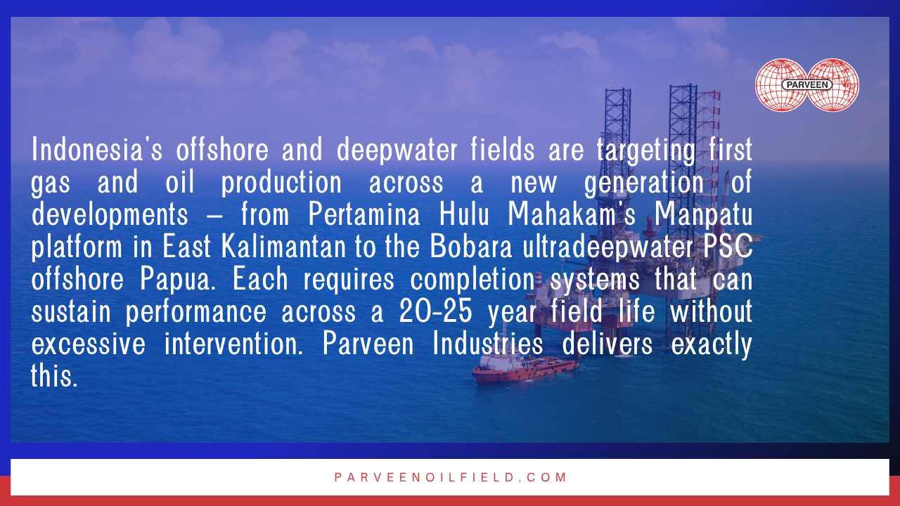 Indonesia's offshore and deepwater fields are targeting first gas and oil production across a new generation of developments — from Pertamina Hulu Mahakam's Manpatu platform in East Kalimantan to the Bobara ultradeepwater PSC offshore Papua. Each requires completion systems that can sustain performance across a 20–25 year field life without excessive intervention. Parveen Industries delivers exactly this.


