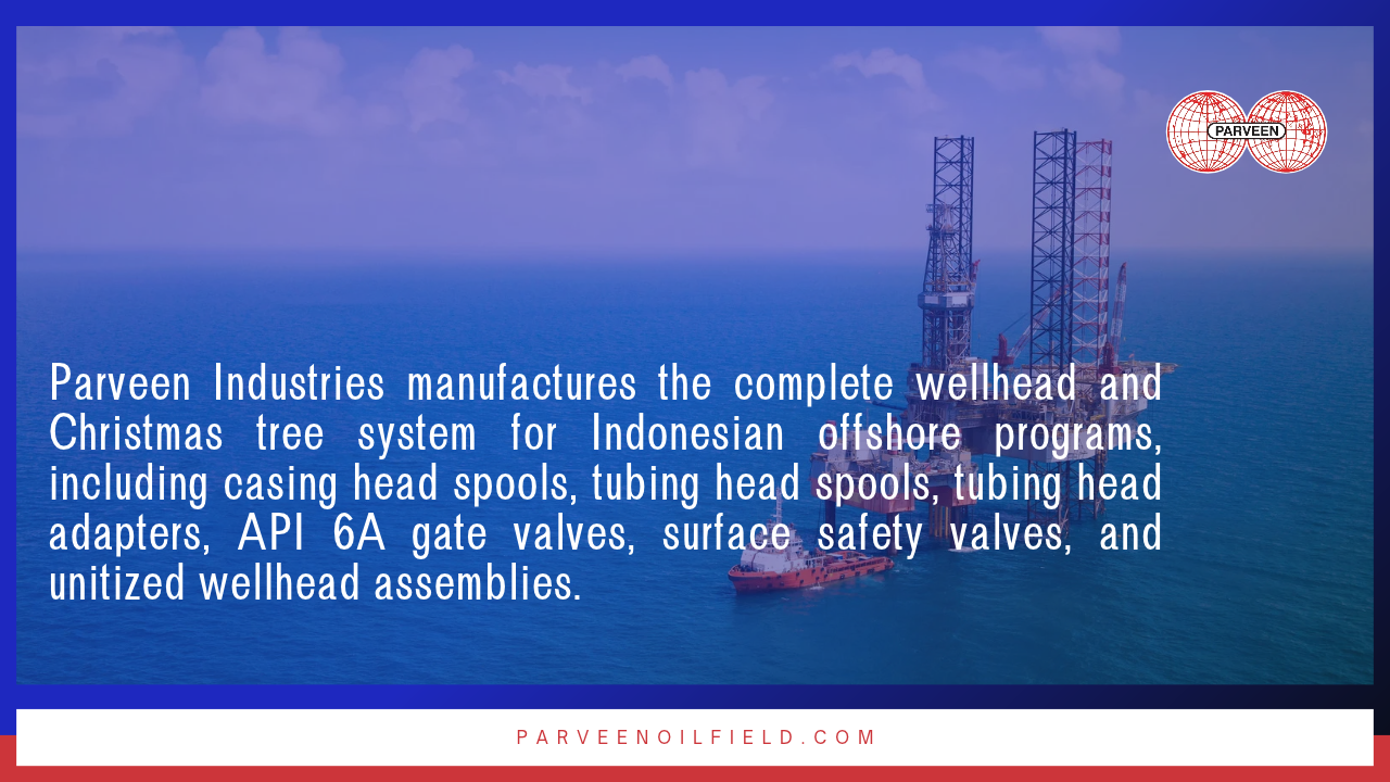 Parveen Industries manufactures the complete wellhead and Christmas tree system for Indonesian offshore programs, including casing head spools, tubing head spools, tubing head adapters, API 6A gate valves, surface safety valves, and unitized wellhead assemblies.