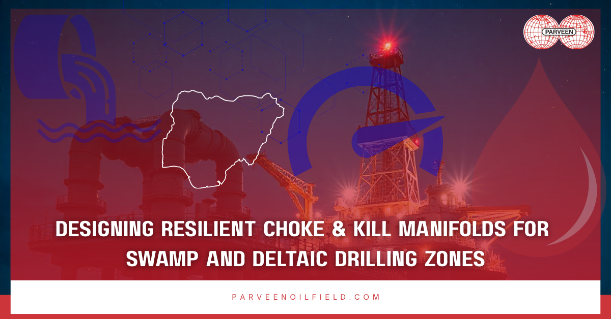 Skid-mounted choke and kill manifold by Parveen designed for Nigeria’s swamp drilling environments with corrosion-resistant unions.