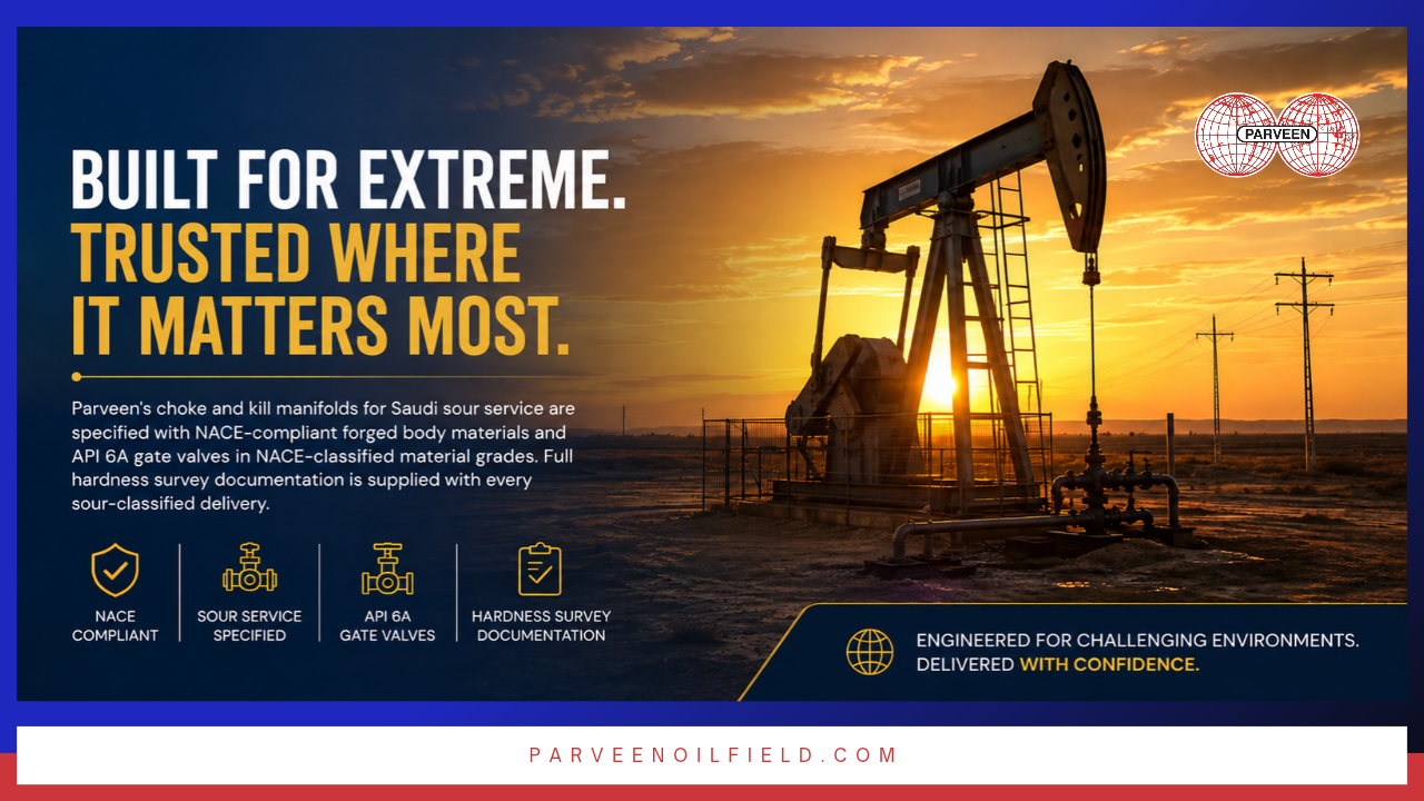 Parveen's choke and kill manifolds for Saudi sour service are specified with NACE-compliant forged body materials and API 6A gate valves in NACE-classified material grades. Full hardness survey documentation is supplied with every sour-classified delivery.