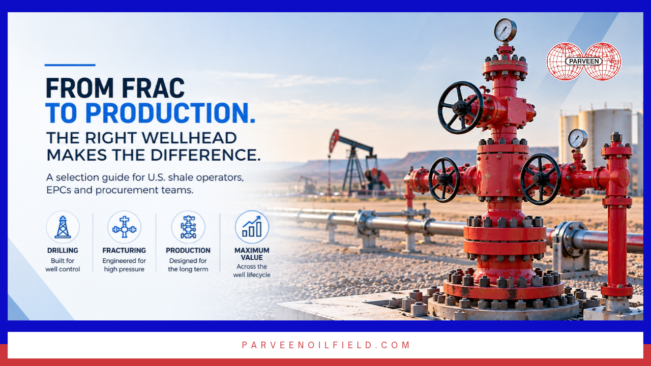 A complete selection guide for wellhead and Christmas tree assemblies in U.S. shale operations — covering frac tree vs production tree, pressure class selection, pad drilling repeatability, wellbore geometry, and the configuration decisions that determine 20-year production performance. From Parveen Industries, API-compliant wellhead manufacturer.